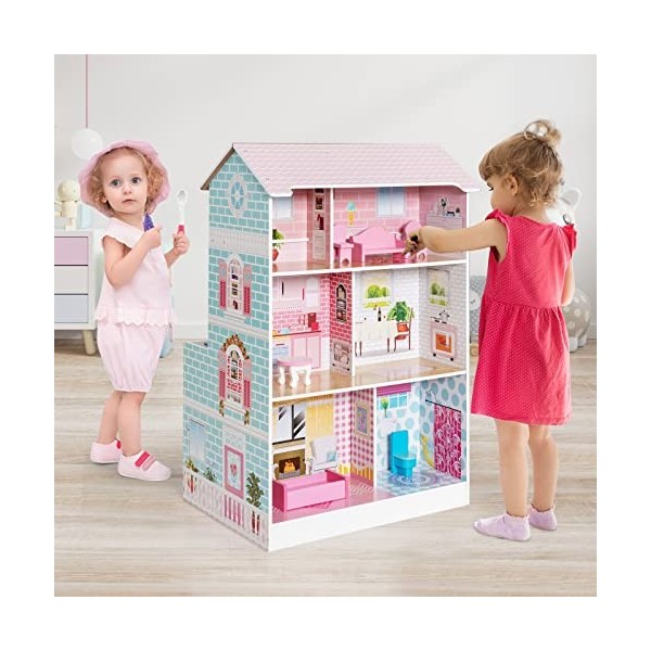 DREAMADE Cuisine Enfant 2 en 1 en Bois Maison de Poupée pour Enfants 3-7 Ans Maison de Rêve Multifonctionnel avec Accessoires