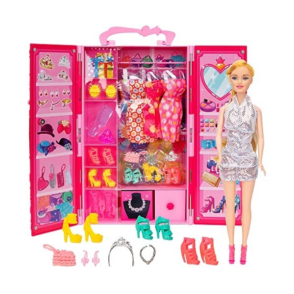 Armoire pour poupée avec accessoires de poupée tendance de 29,2 cm, y compris 4 robes, 3 paires de chaussures à talons hauts,