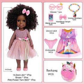 iBayda Poupée noire et accessoires de poupée noire lavable de 36,8 cm, poupée afro-américaine réaliste comprenant deux robes,