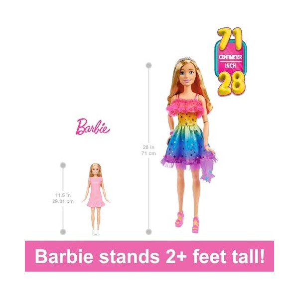 Barbie Grande poupée aux cheveux blonds, 71 cm de haut, robe arc-en-ciel et accessoires de coiffure, y compris sac à main éto