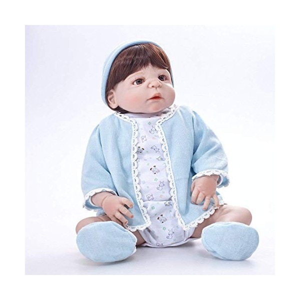 Reborn Baby Dolls,Poupée de Simulation Reborn Doll Jouet pour Enfants en Silicone 55 Cm Yeux Bruns Vêtements Bleus 22 Pouces,