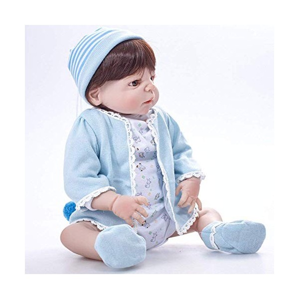 Reborn Baby Dolls,Poupée de Simulation Reborn Doll Jouet pour Enfants en Silicone 55 Cm Yeux Bruns Vêtements Bleus 22 Pouces,