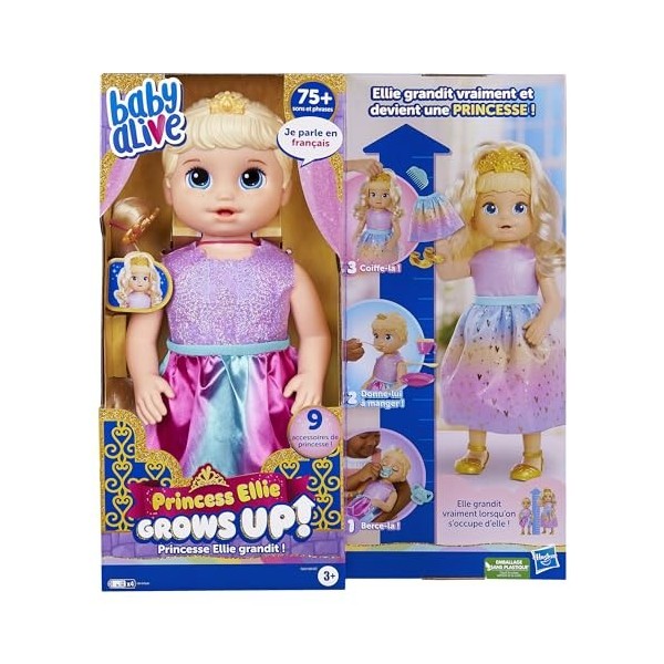 Baby Alive Poupée Princesse Ellie grandit !, poupée de 45 cm Qui Parle et grandit, Cheveux blonds, pour Enfants, dès 3 Ans