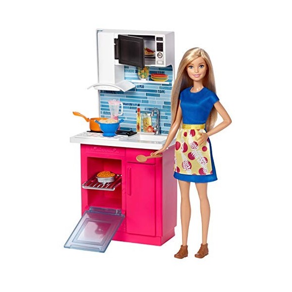 Barbie Mobilier Coffret Cuisine avec poupée en robe, micro-ondes, f
