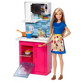 Barbie Mobilier Coffret Cuisine avec poupée en robe, micro-ondes, four, évier et accessoires de cuisine, jouet pour enfant, D