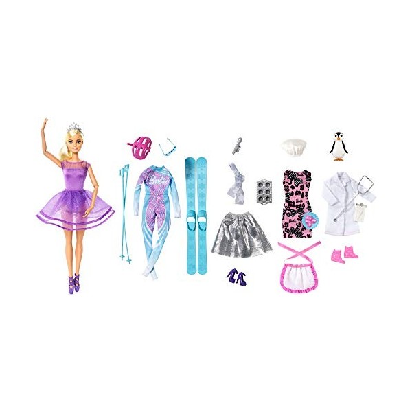 Barbie Calendrier de lAvent fourni avec poupée blonde en tenue violette et 24 accessoires, jouet pour enfant, FTF92