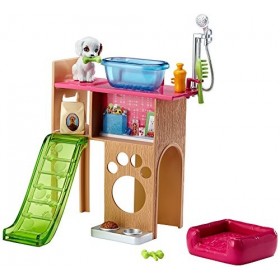 Barbie Mobilier Coffret Toilettage du Chien avec meuble, toboggan pour figurine et accessoires de lavage, jouet pour enfant, 