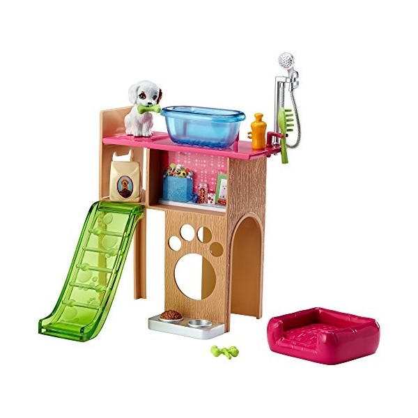 Barbie Mobilier Coffret Toilettage du Chien avec meuble, toboggan pour figurine et accessoires de lavage, jouet pour enfant, 