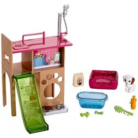 Barbie Mobilier Coffret Toilettage du Chien avec meuble, toboggan pour figurine et accessoires de lavage, jouet pour enfant, 