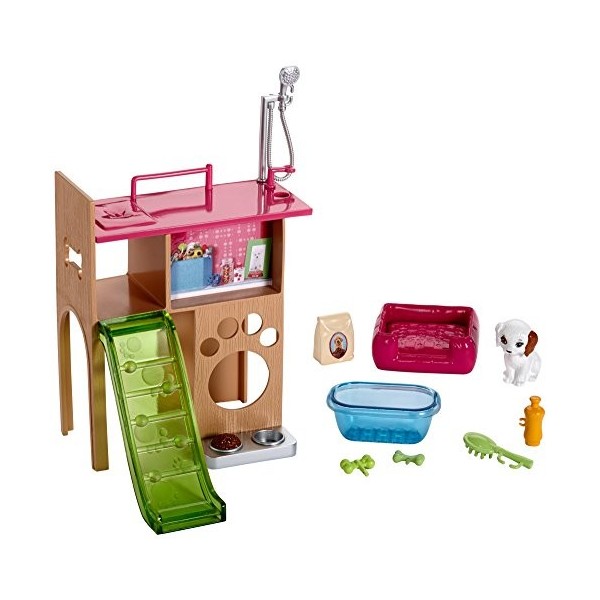 Barbie Mobilier Coffret Toilettage du Chien avec meuble, toboggan pour figurine et accessoires de lavage, jouet pour enfant, 