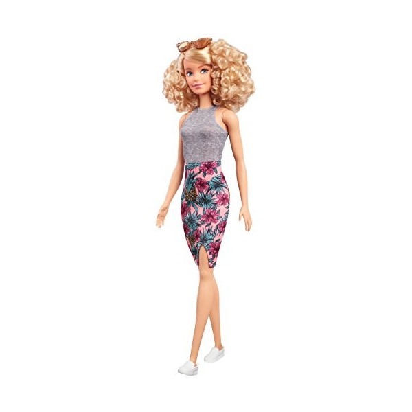 Barbie Fashionistas poupée mannequin 70 aux cheveux blonds et bouclés, débardeur gris et jupe rose à motifs, jouet pour enfa