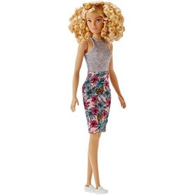 Barbie Fashionistas poupée mannequin 70 aux cheveux blonds et bouclés, débardeur gris et jupe rose à motifs, jouet pour enfa