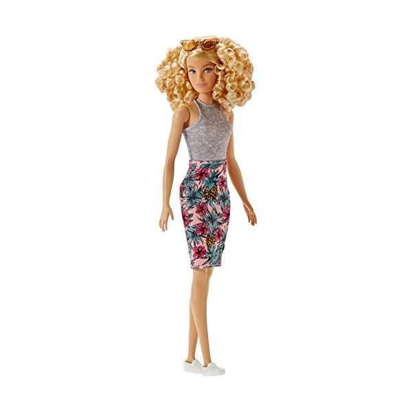 Barbie Fashionistas poupée mannequin 70 aux cheveux blonds et bouclés, débardeur gris et jupe rose à motifs, jouet pour enfa