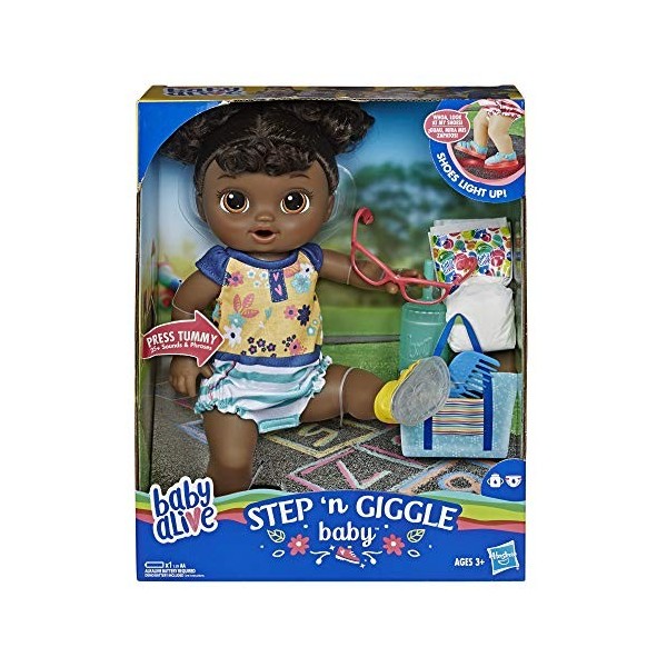 Baby Alive Step ‘N Giggle Baby Black Hair Doll with Light-Up Shoes, Responds with 25+ Sounds & Phrases, Drinks & Wets, Toy fo