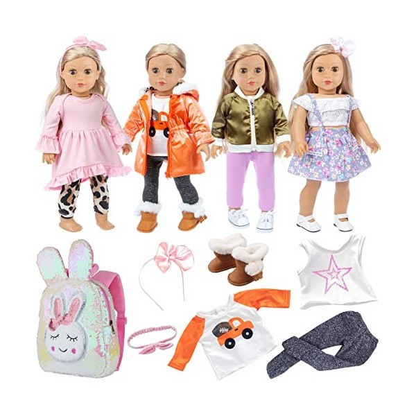 Ecore Fun Lot de 4 vêtements de poupée de 45,7 cm et chaussures et joli sac pour enfants, vêtements décontractés pour fille d