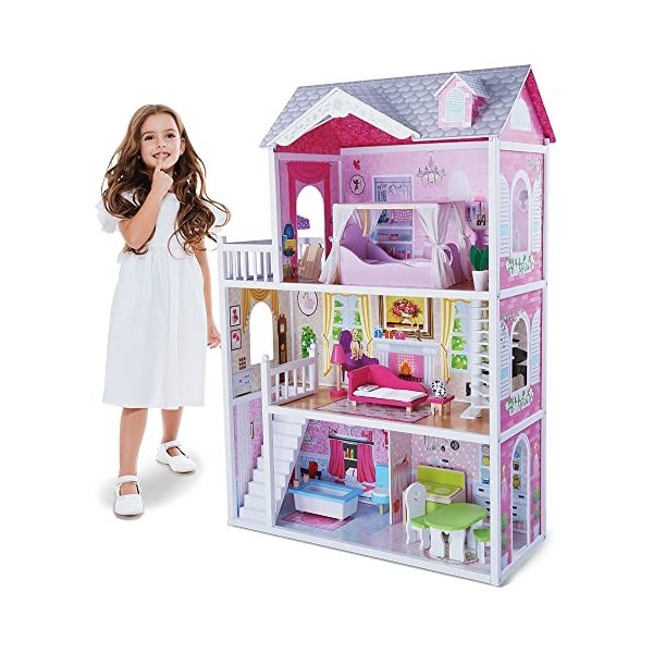 Moni Maison poupées en Bois 4107 Aria 15 pièces avec poupée 3 étages, 4 Chambres, Coloris:Rose