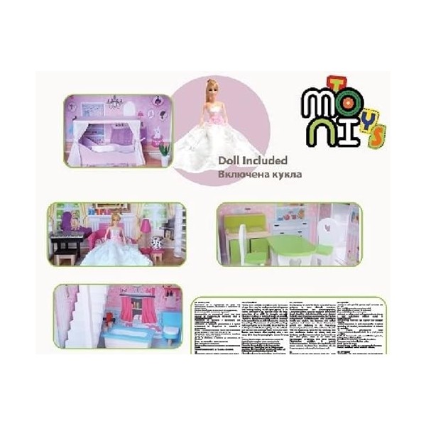 Moni Maison poupées en Bois 4107 Aria 15 pièces avec poupée 3 étages, 4 Chambres, Coloris:Rose