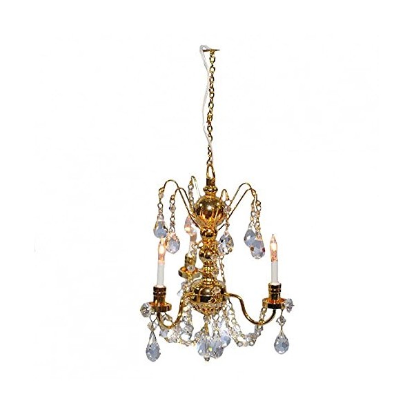 Melody Jane Maison de Poupées Véritable Cristal Chandelier 3 Bras Doré Finition Miniature 12V Éclairage