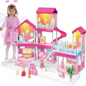 Neragron Maison de poupée à 3 étages 9 pièces avec toboggan, piscine, lumières, maison de jeu de poupée avec accessoires de m