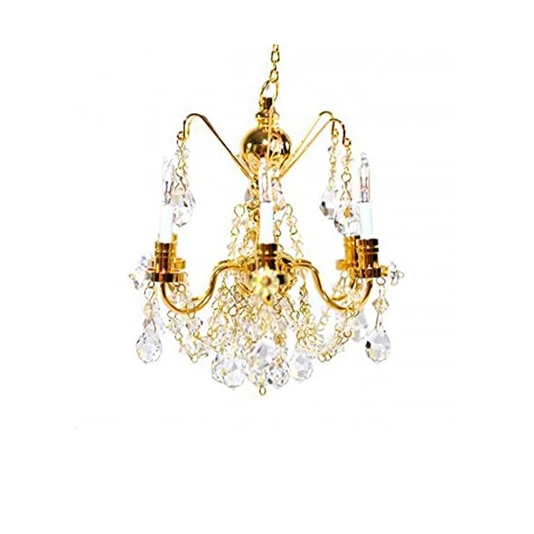 Melody Jane Maison de poupées 6 Bras Véritable Cristal Chandelier Or Finition Miniature Ampoule électrique