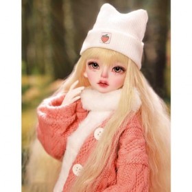 43.5cm/17.12in BJD Doll Full Set 1/4 Fait Main Ball Jointed SD Doll avec Manteau Pull Rose + Jupe en Jean + Haut Blanc + Casq