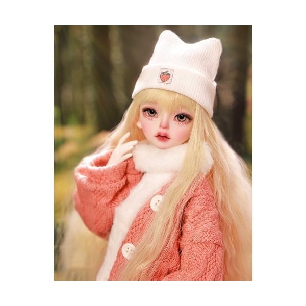 43.5cm/17.12in BJD Doll Full Set 1/4 Fait Main Ball Jointed SD Doll avec Manteau Pull Rose + Jupe en Jean + Haut Blanc + Casq