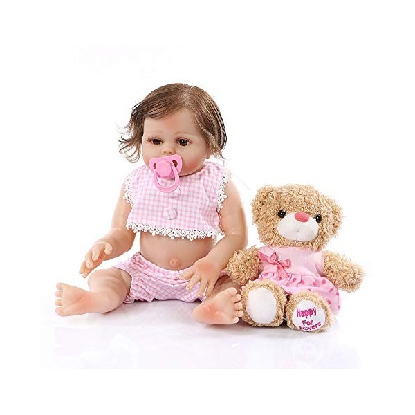 48CM Premie Bebe Reborn Full Body Soft Slicone Cuddly Baby Anatomically Correct Bath Toy in Pink Dress with Bear Toy for Chil