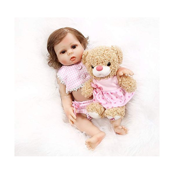 48CM Premie Bebe Reborn Full Body Soft Slicone Cuddly Baby Anatomically Correct Bath Toy in Pink Dress with Bear Toy for Chil