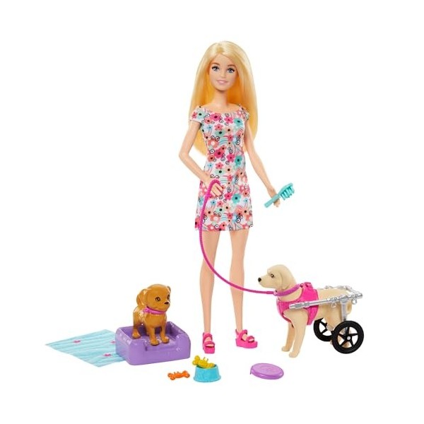 Barbie Coffret Poupée Avec 2 Figurines Chien, Chariot Amovible, Roues Fonctionnelles, +10 Pièces, Accessoires Animaux Inclus,