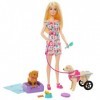 Barbie Coffret Poupée Avec 2 Figurines Chien, Chariot Amovible, Roues Fonctionnelles, +10 Pièces, Accessoires Animaux Inclus,