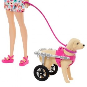 Barbie Coffret Poupée Avec 2 Figurines Chien, Chariot Amovible, Roues Fonctionnelles, +10 Pièces, Accessoires Animaux Inclus,