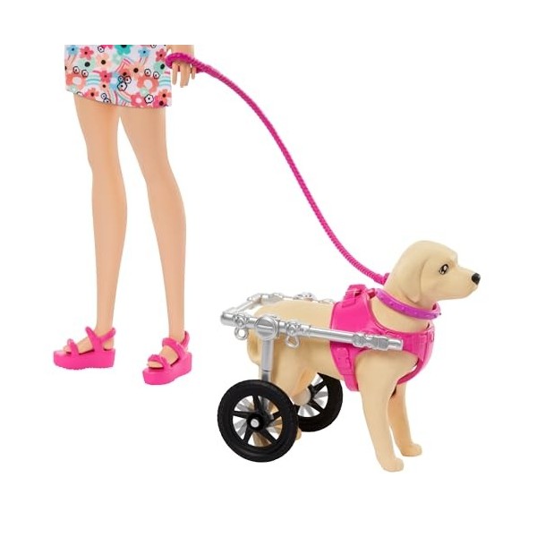 Barbie Coffret Poupée Avec 2 Figurines Chien, Chariot Amovible, Roues Fonctionnelles, +10 Pièces, Accessoires Animaux Inclus,