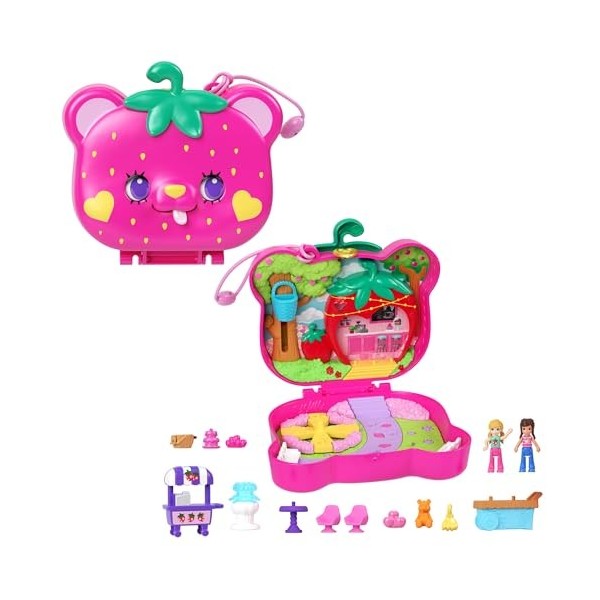 Polly Pocket Coffret Ourson Fraise Avec Jardin, 2 Mini-Figurines, 12 Accessoires Dont Panier Élévateur, 5 Éléments De Jeu, Jo