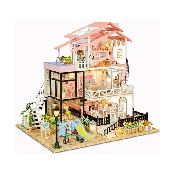 LEONYS Maison de poupée Miniature avec Meubles, Kit de Maison de poupée en Bois DIY Plus Anti-poussière, idée de Salle créati