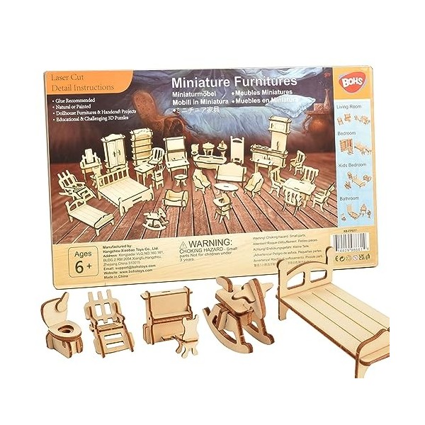 BOHS Kit Créatif 34 Meubles Miniatures en Bois - Puzzle 3D DIY pour Maison de Poupée, Instructions 2D/3D, Découpe Laser, Éche