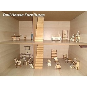 BOHS Kit Créatif 34 Meubles Miniatures en Bois - Puzzle 3D DIY pour Maison de Poupée, Instructions 2D/3D, Découpe Laser, Éche