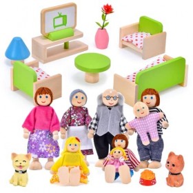 Tacobear Famille de Poupée avec Meuble Maison Poupee en Bois Meubles de Salon Miniature Jouet Enfant Set de 2 Chiens et 8 Men