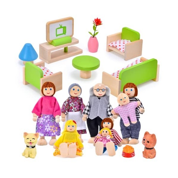 Tacobear Famille de Poupée avec Meuble Maison Poupee en Bois Meubles de Salon Miniature Jouet Enfant Set de 2 Chiens et 8 Men