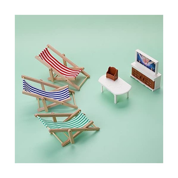 Cobee Dollhouse Mini Chaise Pliante, 3 Pcs Miniature en Bois Chaise de Plage Maison de Poupée Chaise Longue Maison de Poupée 