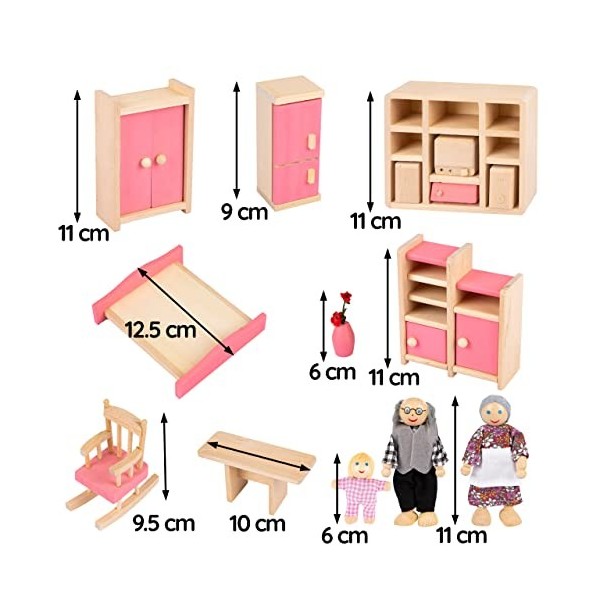 Green series Meuble Maison Poupee en Bois, Mobilier Maison Poupee – Kit de 11 Accessoires Maison de Poupee, Contient des Poup