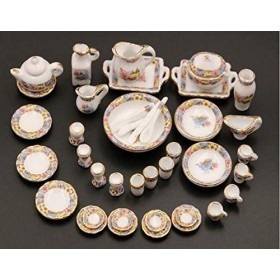 ZHONGJIUYUAN Lot de 40 articles de salle à manger miniatures en porcelaine pour maison de poupée, vaisselle, bol, assiette, m
