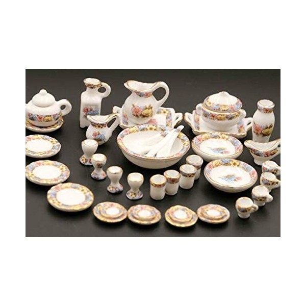 ZHONGJIUYUAN Lot de 40 articles de salle à manger miniatures en porcelaine pour maison de poupée, vaisselle, bol, assiette, m