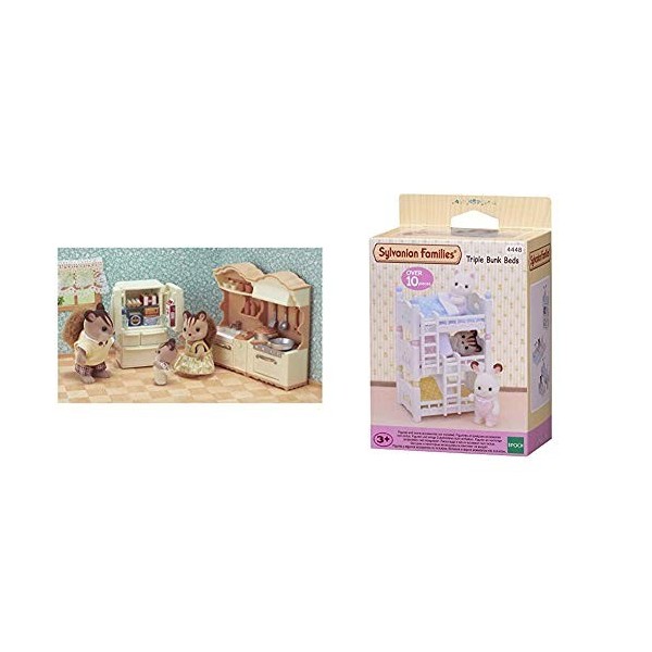 SYLVANIAN FAMILIES-La Cuisine aménagée Mini-poupées et Accessoires, 5341, Multicolore & Triple Bunk Beds Families Lits Superp