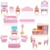 HOTUT Meubles de Maison de Poupées, 22 Pièces Ensemble de Jeu Miniature en Bois pour Enfants, Mini Maison/Mini Famille de Pou