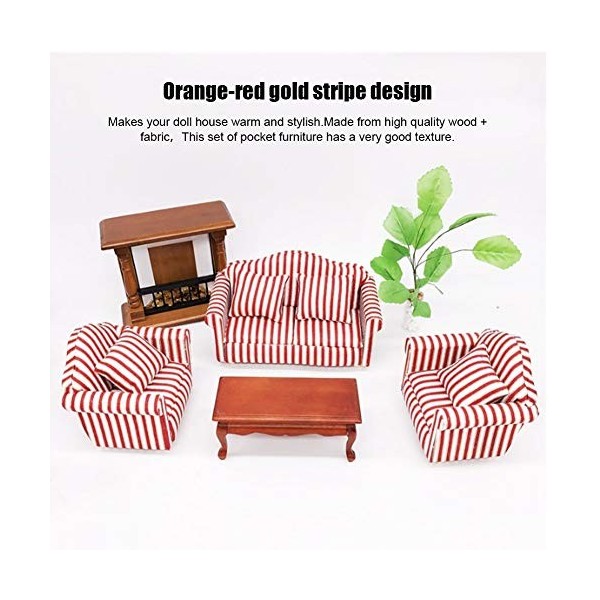 3 pcs 1:12 Maison de poupée canapé Ensemble Mini Maison de poupée décoration Orange Rouge Or rayé Tissu en Bois Mini Miniatur