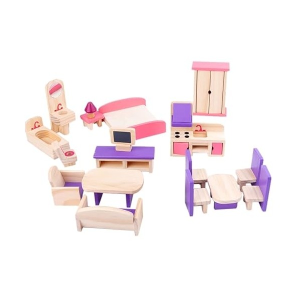 LICHENGTAI Ensemble de Mobiliers de Chambre des Enfants Miniature Jouet en Bois Meubles pour Maison de Poupée, Ensemble de Me