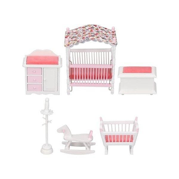 Ensemble de Meubles de Chambre à Coucher pour Maison de Poupée, Accessoires de Chambre Miniatures en Bois Rose et Blanc, Joue