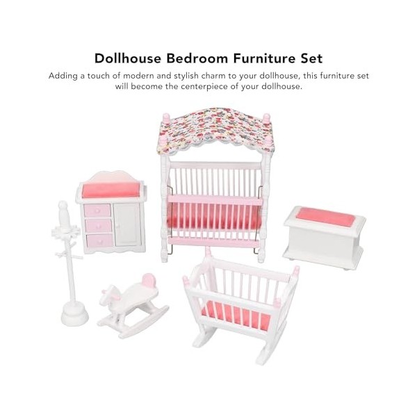 Ensemble de Meubles de Chambre à Coucher pour Maison de Poupée, Accessoires de Chambre Miniatures en Bois Rose et Blanc, Joue