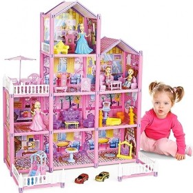 deAO Kit de Princesse Maison de poupée - 4 étages, 9 Chambres, Jouet DIY de Rêve, Jeu de Construction avec poupée, Meubles et