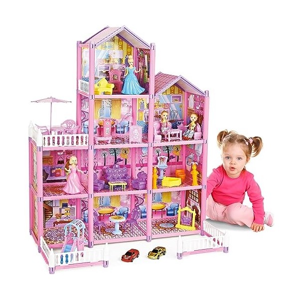 deAO Kit de Princesse Maison de poupée - 4 étages, 9 Chambres, Jouet DIY de Rêve, Jeu de Construction avec poupée, Meubles et